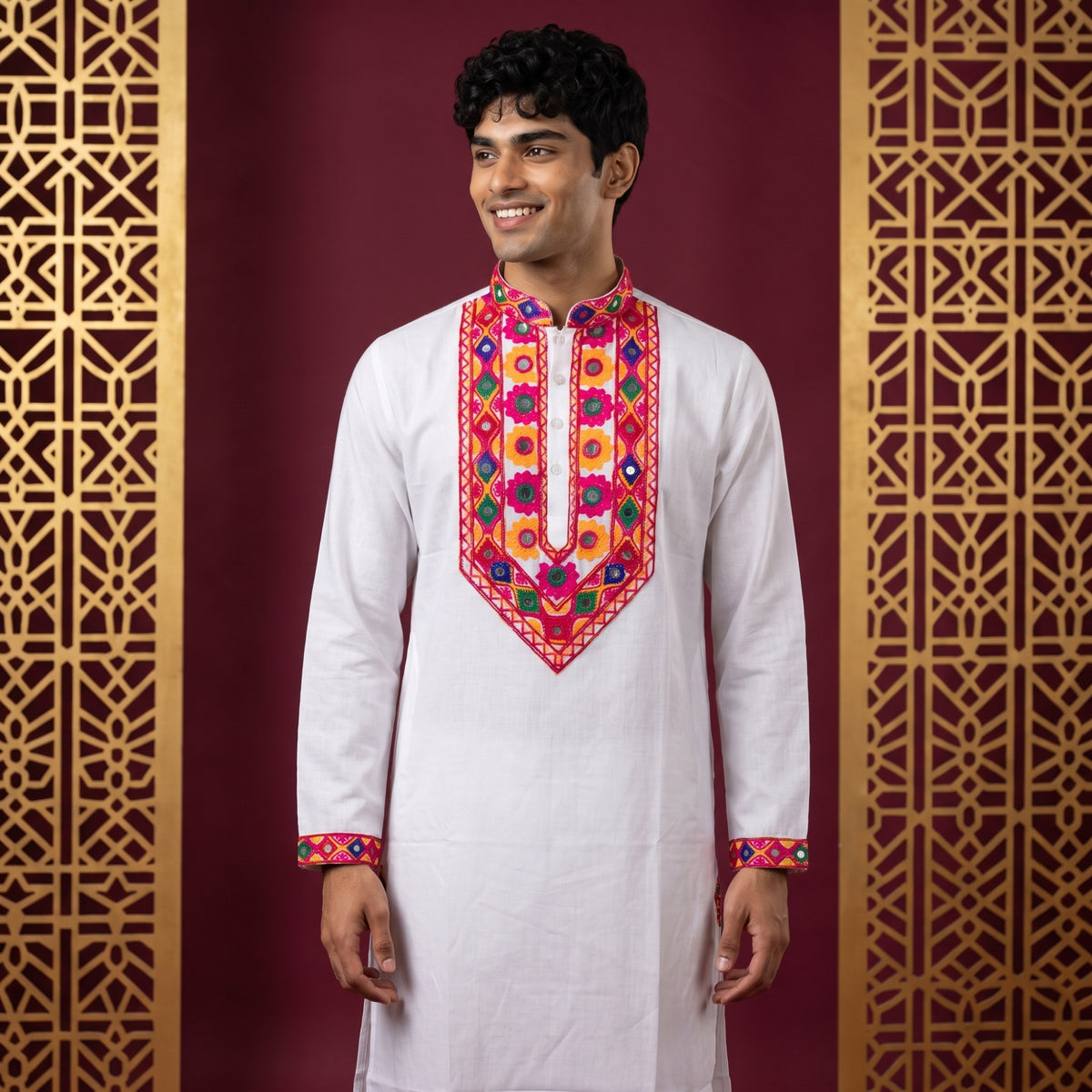 Men's Embroidered White Kurta (4124)
