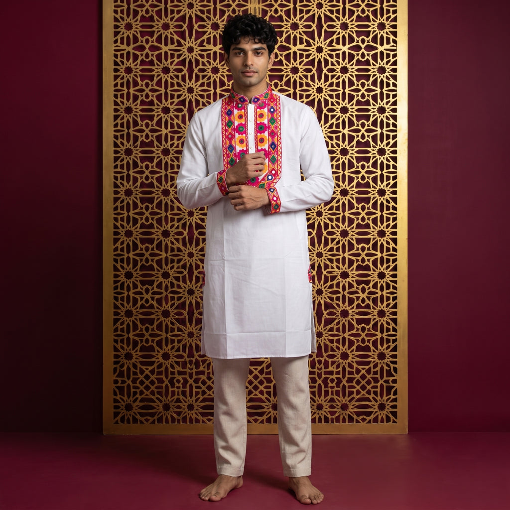 Men's Embroidered White Kurta (4124)