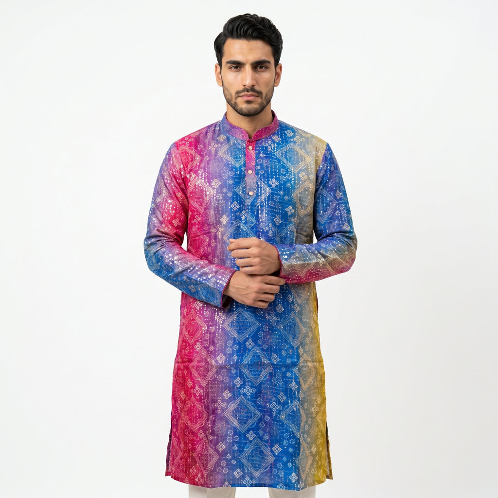 Royal Purple & Teal Printed Men's Kurta (10304)