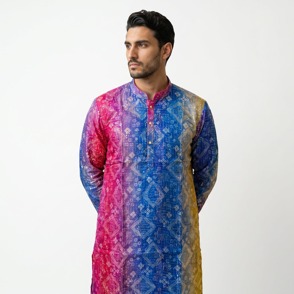 Royal Purple & Teal Printed Men's Kurta (10304)