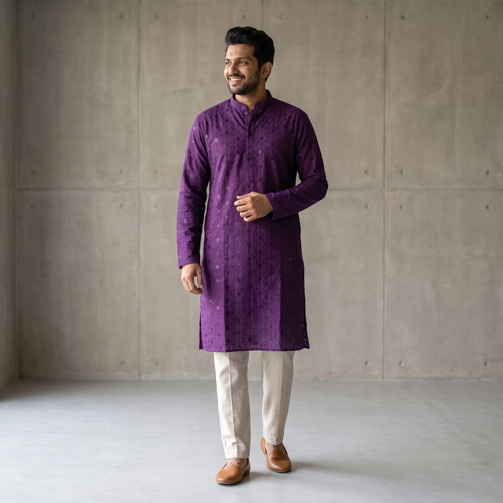 Royal Violet Mirror-Work Chikankari Kurta(70113)