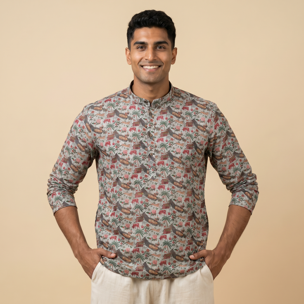 Men's Tropical Heritage Print Short Kurta (408)