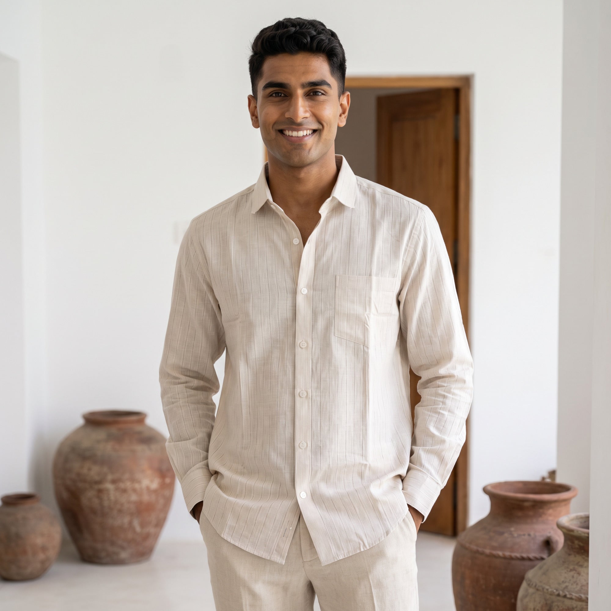 Men's Ivory Beige Textured Full Sleeve Cotton Shirt (1017)