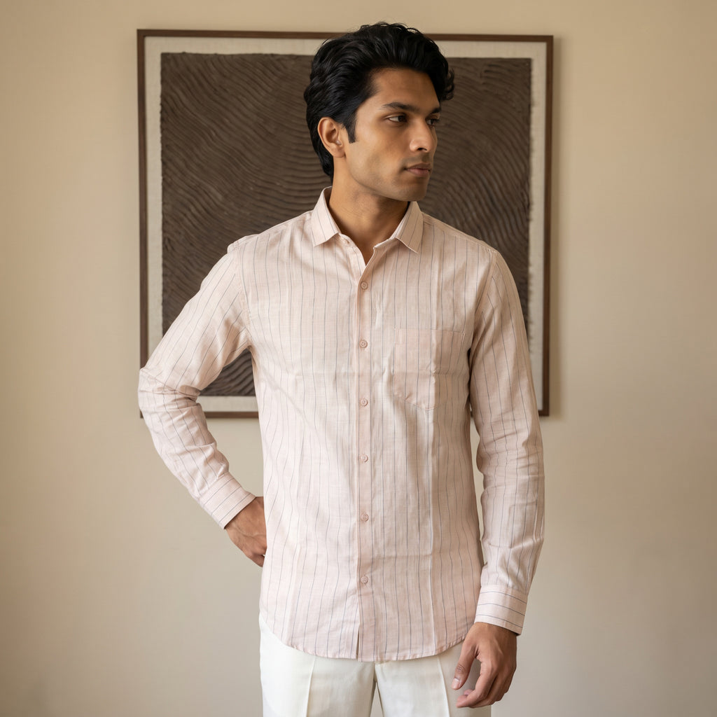Men's Blush Peach Fine Stripe Full Sleeve Shirt (1018)