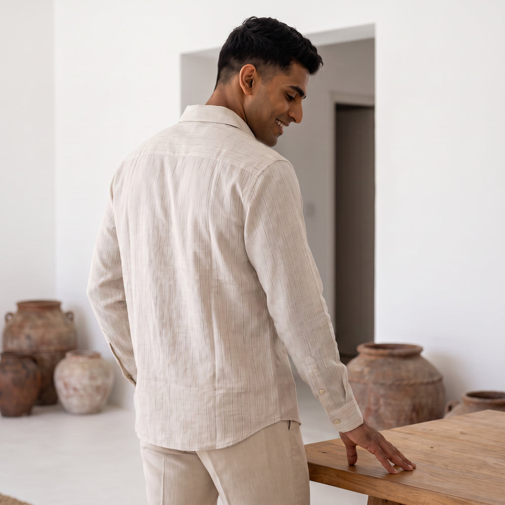 Men's Ivory Beige Textured Full Sleeve Cotton Shirt (1017)