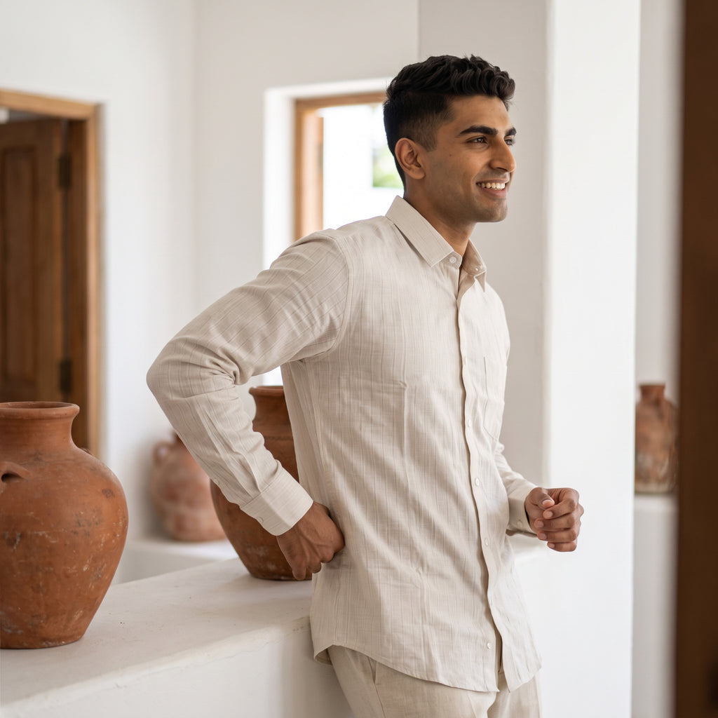 Men's Ivory Beige Textured Full Sleeve Cotton Shirt (1017)