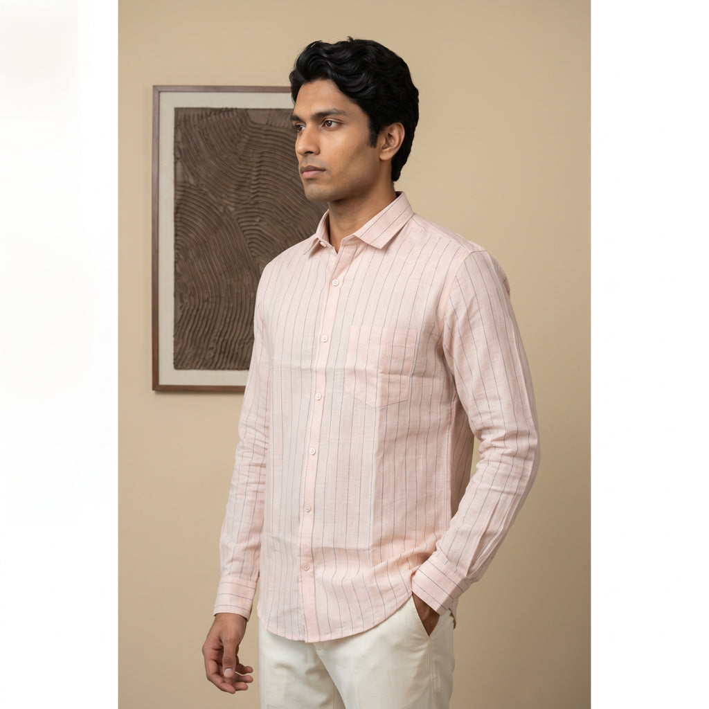 Men's Blush Peach Fine Stripe Full Sleeve Shirt (1018)