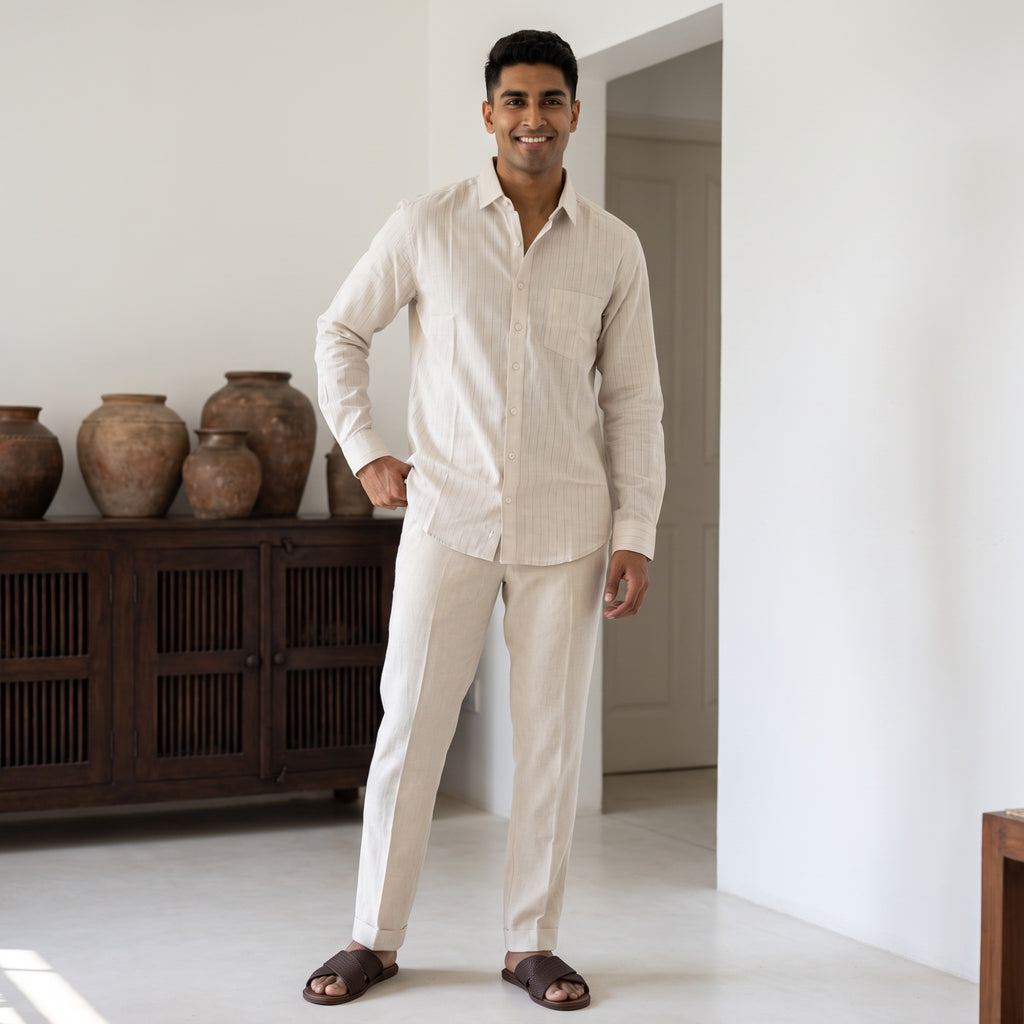 Men's Ivory Beige Textured Full Sleeve Cotton Shirt (1017)