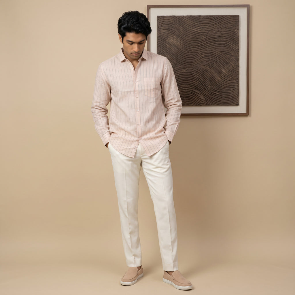 Men's Blush Peach Fine Stripe Full Sleeve Shirt (1018)
