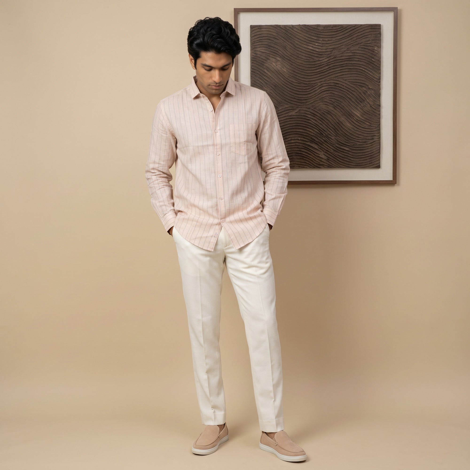Men's Blush Peach Fine Stripe Full Sleeve Shirt (1018)