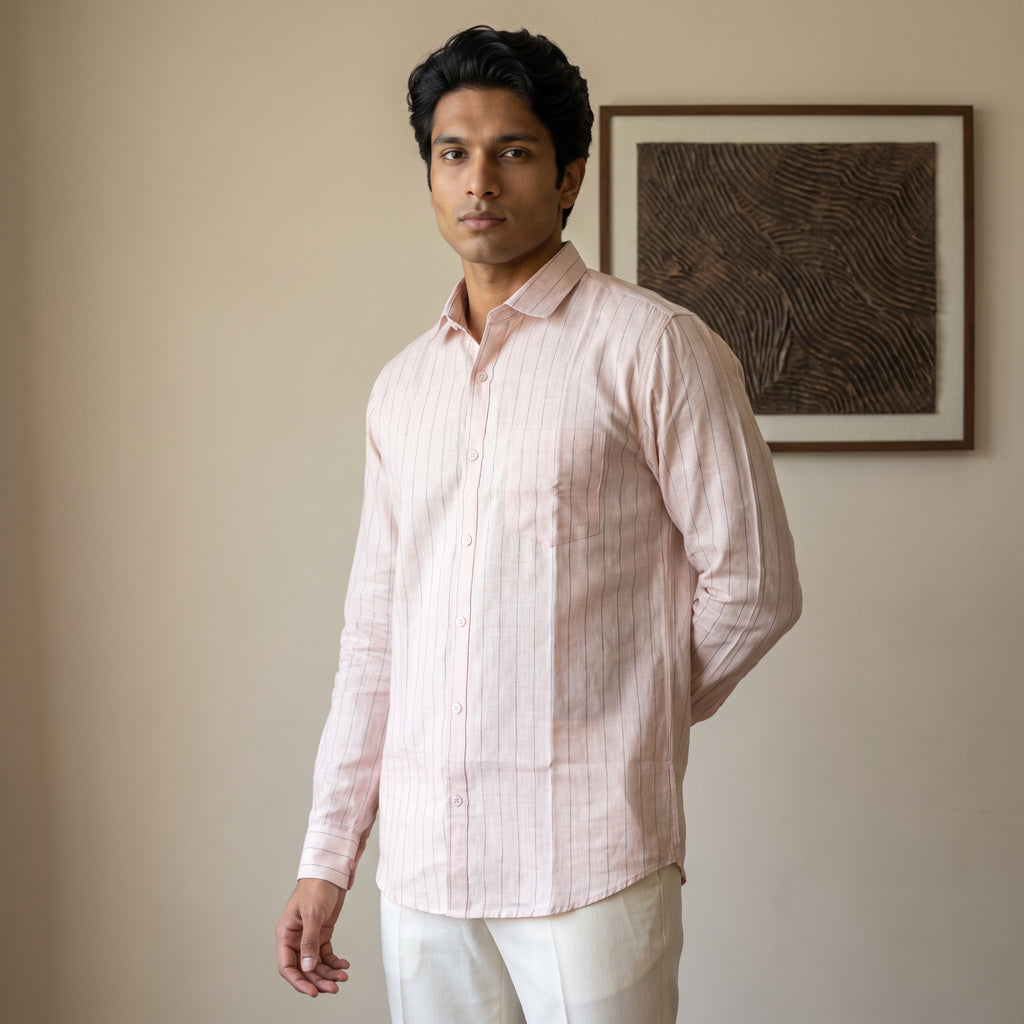 Men's Blush Peach Fine Stripe Full Sleeve Shirt (1018)