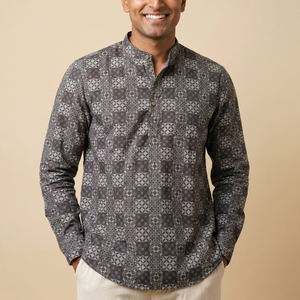 Men's Charcoal green Tile Print Short Kurta (190)