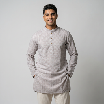 Men's Peach Geometric Print Short Kurta (429)