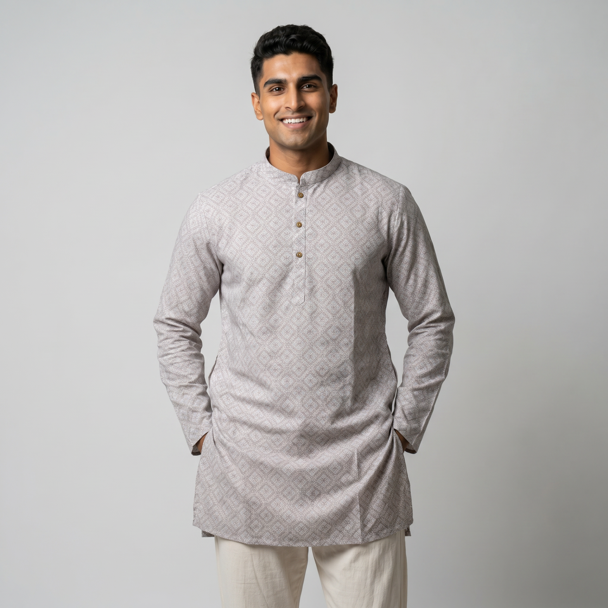 Men's Peach Geometric Print Short Kurta (429)
