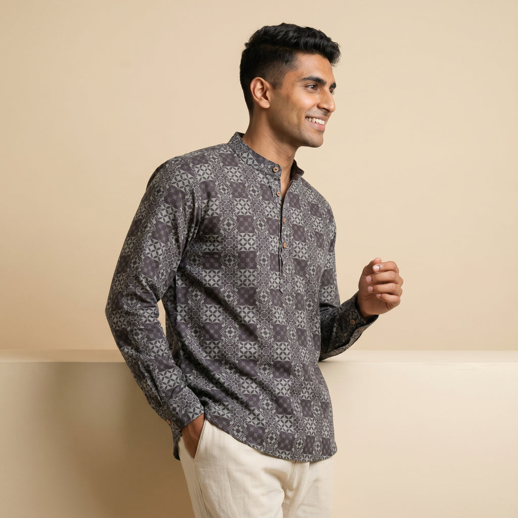 Men's Charcoal green Tile Print Short Kurta (190)