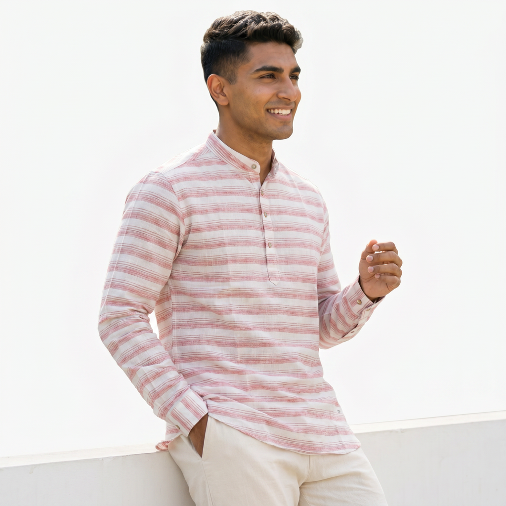 Men's Pink Striped Short Kurta (562)
