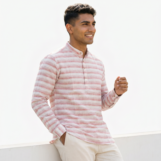 Men's Pink Striped Short Kurta (562)