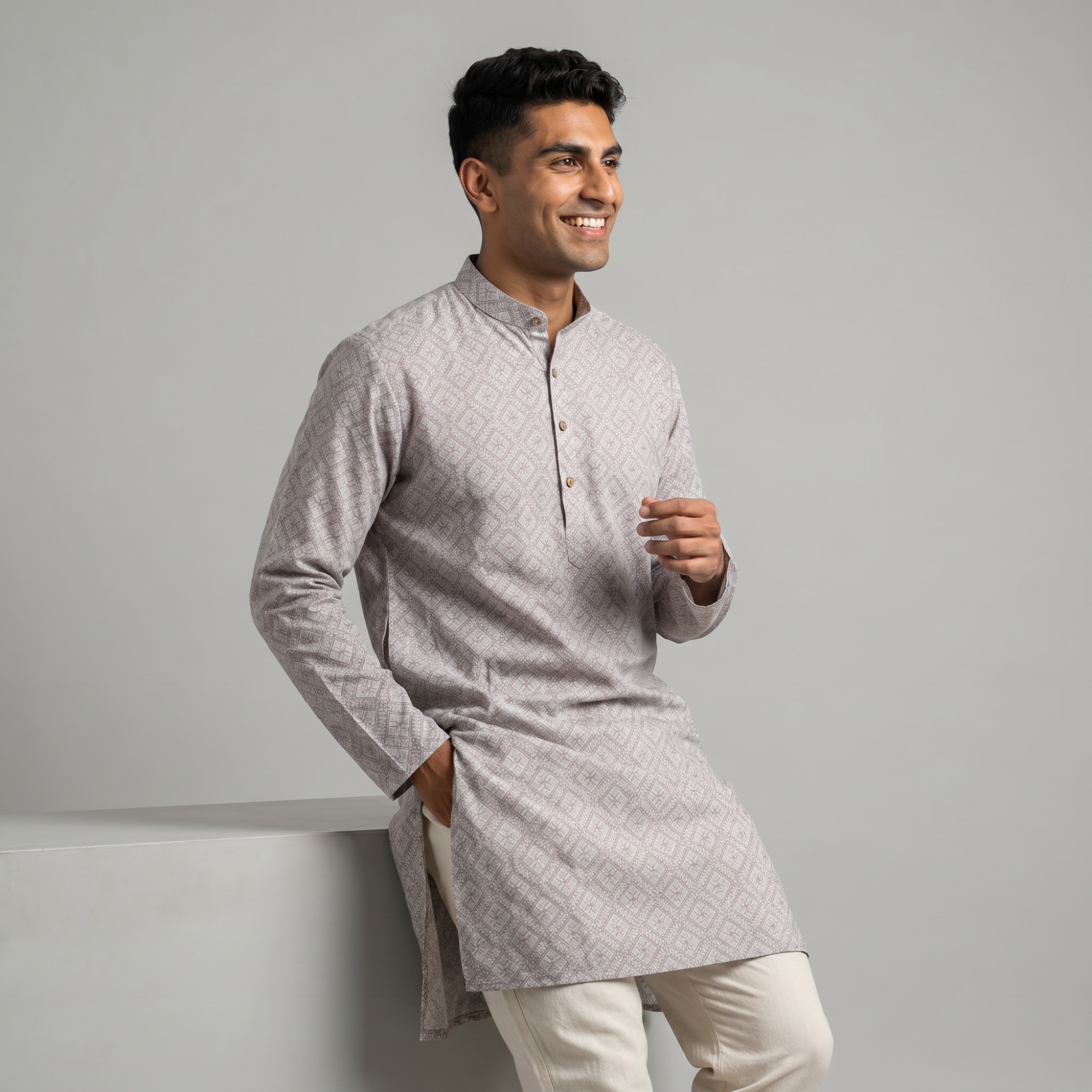 Men's Peach Geometric Print Short Kurta (429)