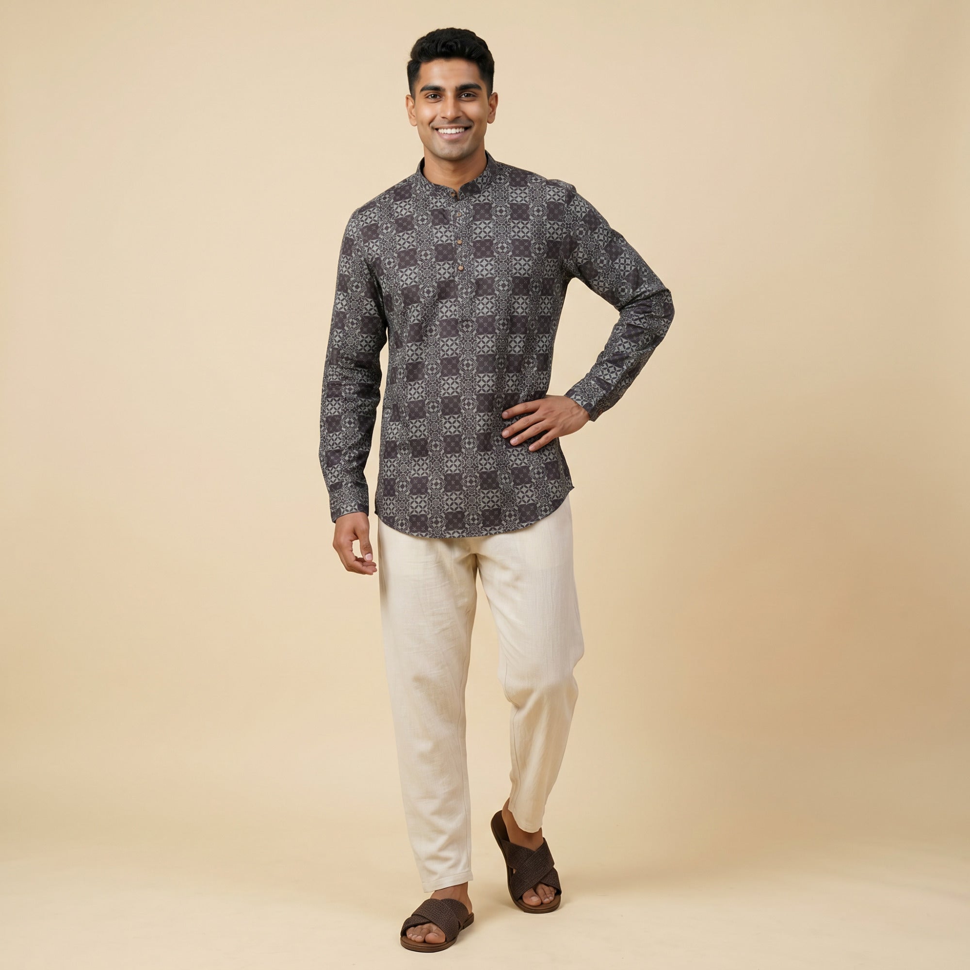 Men's Charcoal green Tile Print Short Kurta (190)