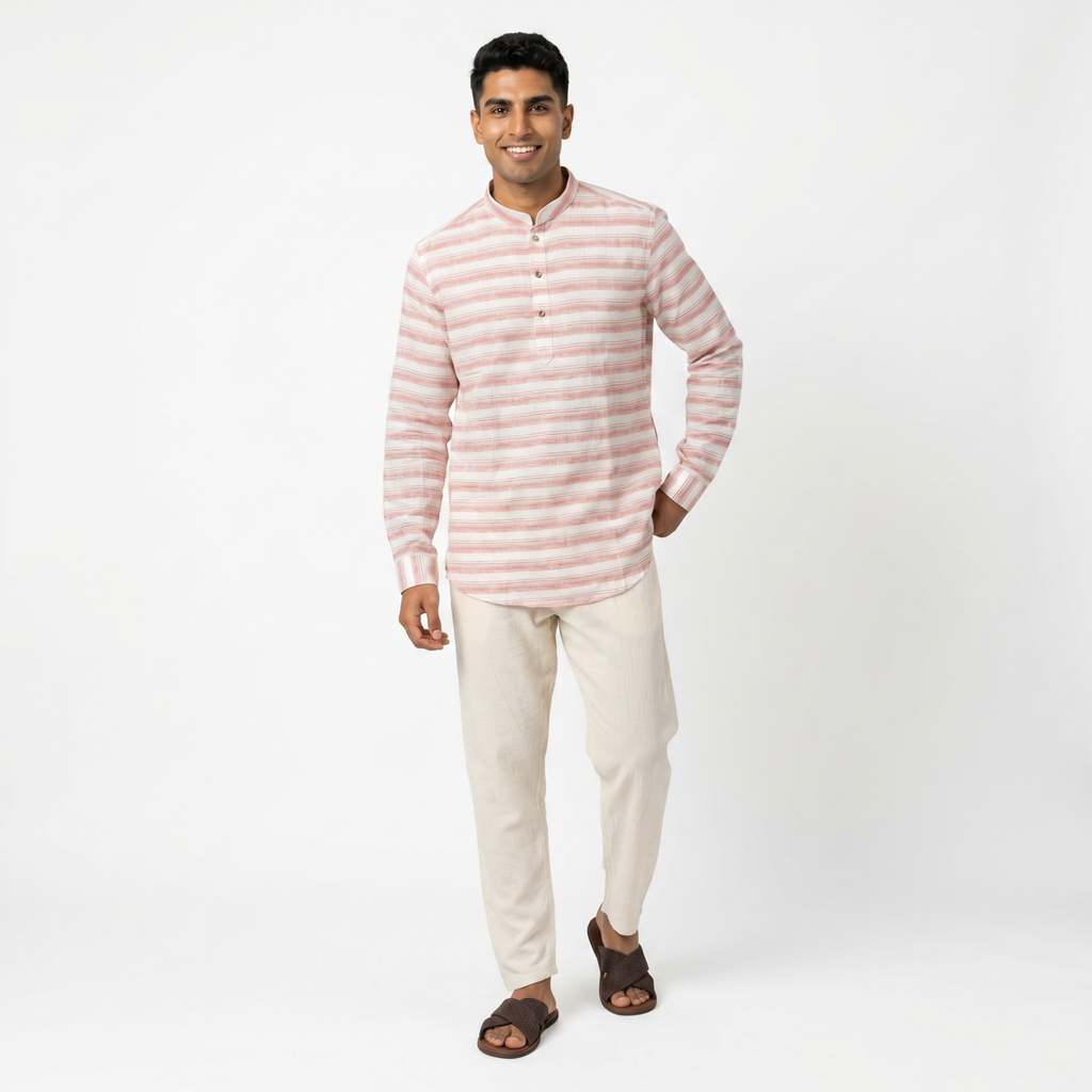 Men's Pink Striped Short Kurta (562)