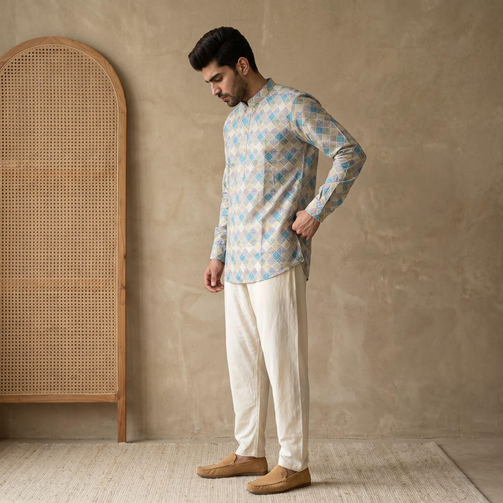 Men's Pastel Diamond Print Short Kurta (300)
