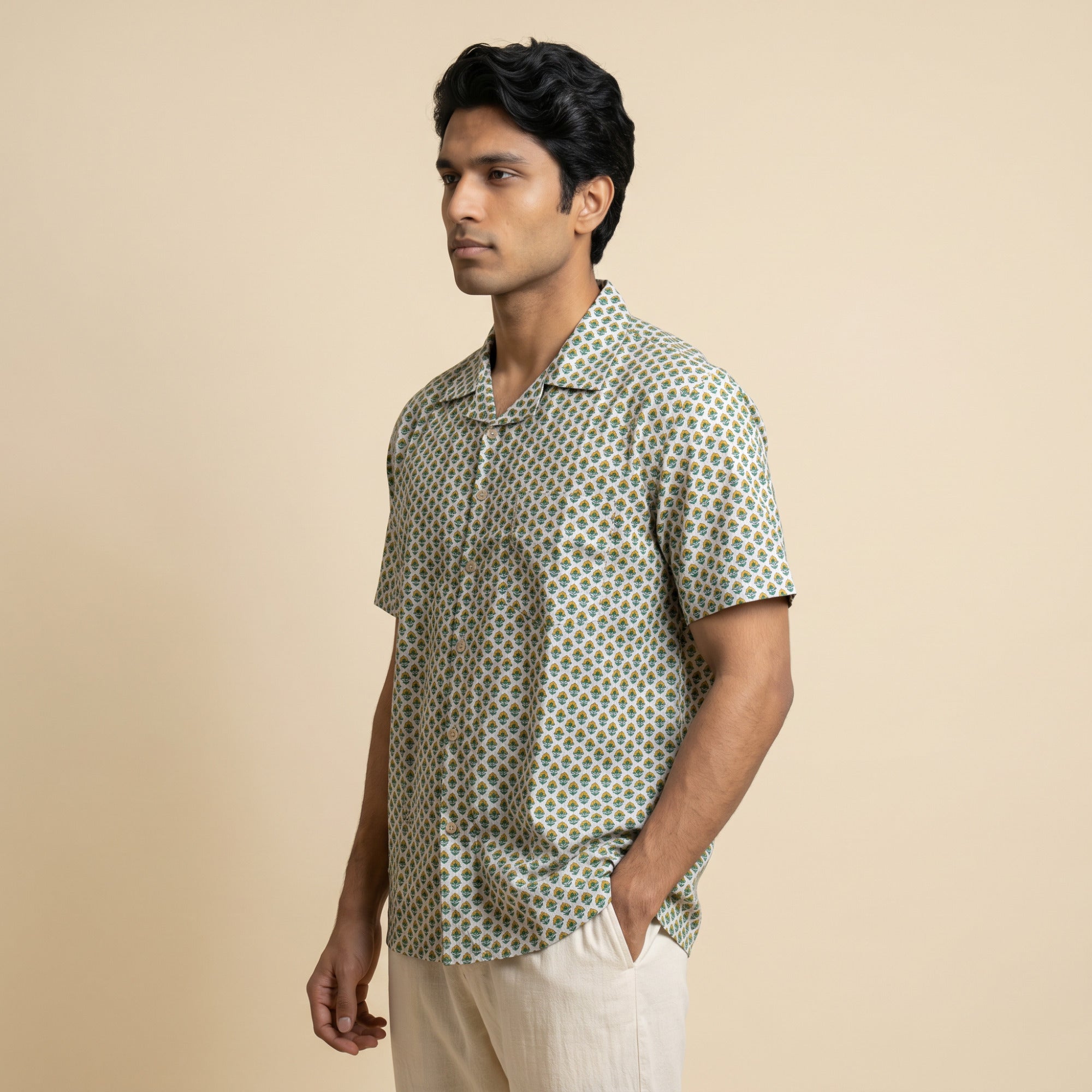 Men's Green & Beige Printed Half Sleeve Relaxed Fit Shirt (1117)