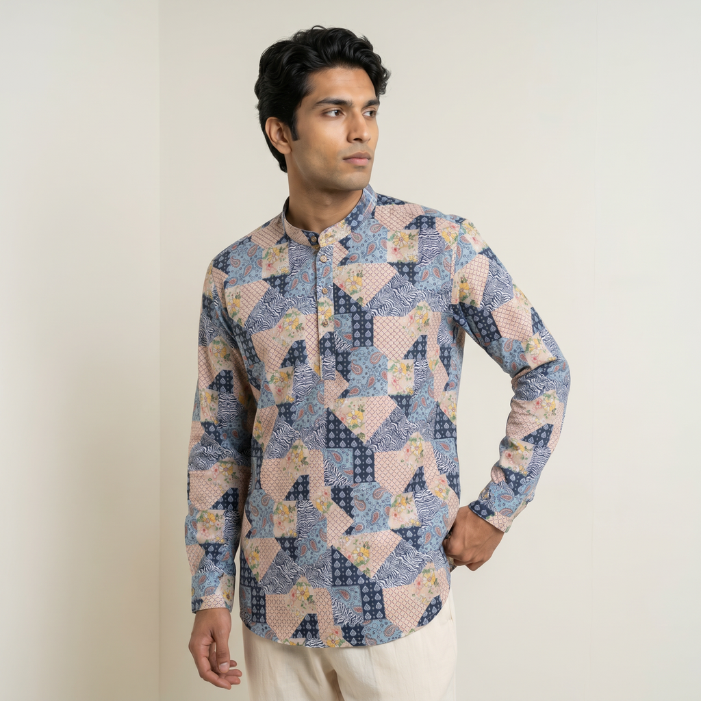 Men's Multicolor Patchwork Print Short Kurta (219)