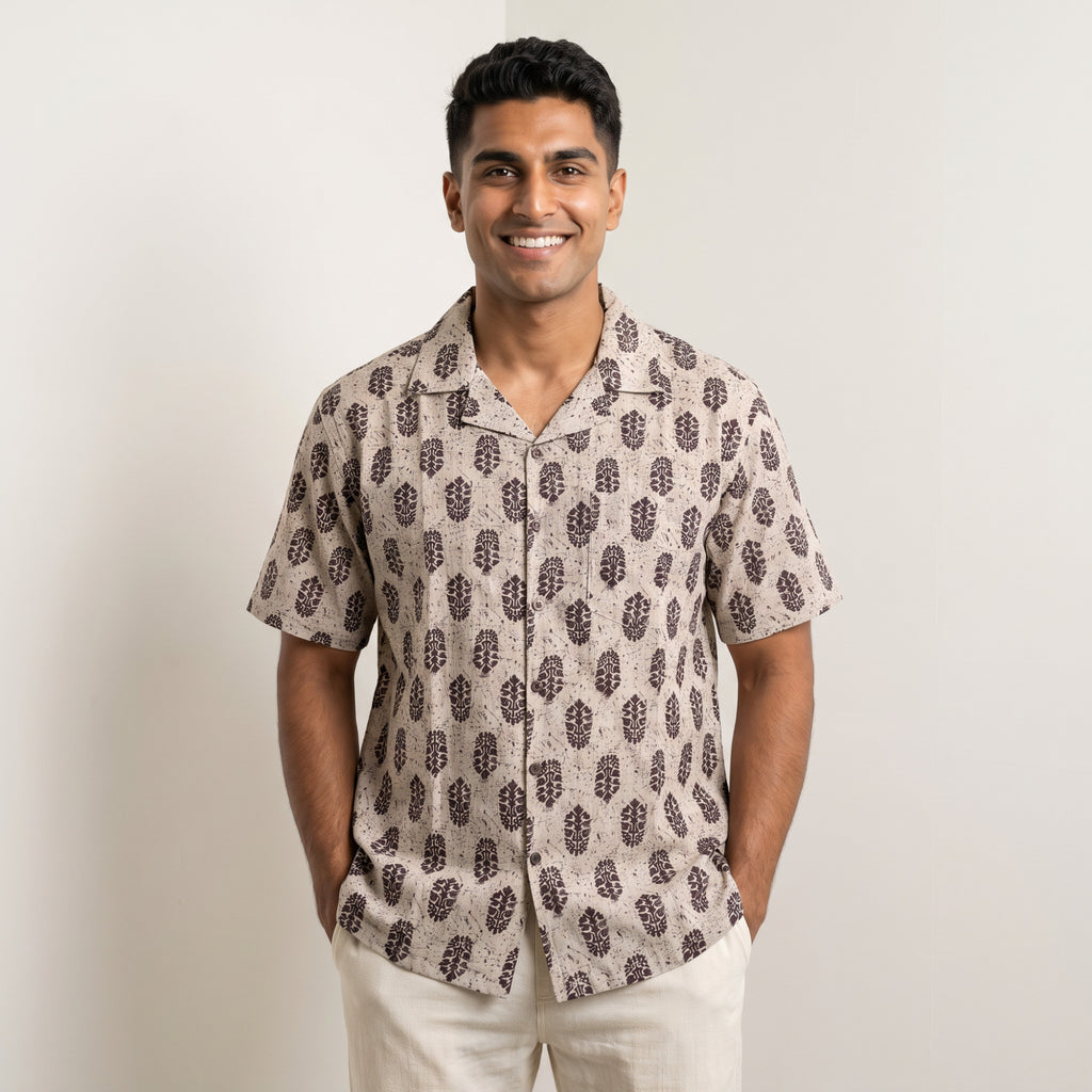 Men's Beige & Brown Abstract Block Print Cuban Collar Half Sleeve Shirt (6414)