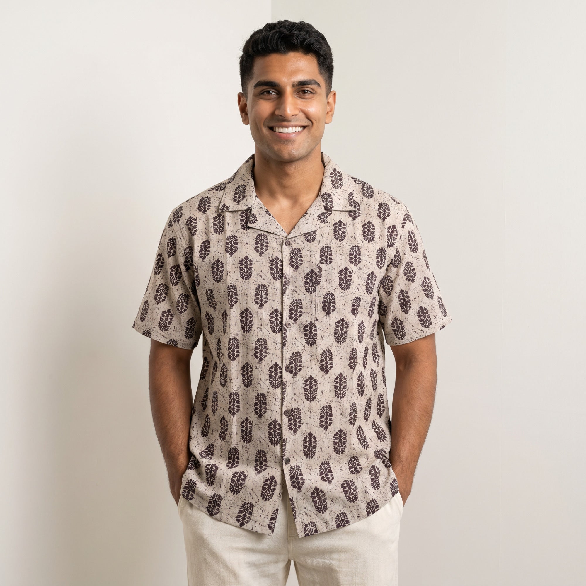 Men's Beige & Brown Abstract Block Print Cuban Collar Half Sleeve Shirt (6414)
