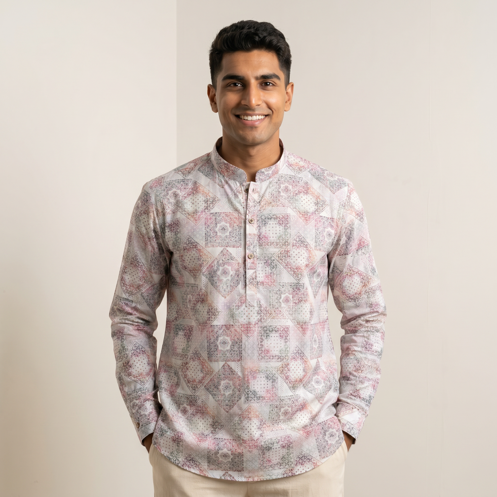 Men's Pastel Mosaic Print Short Kurta (321)