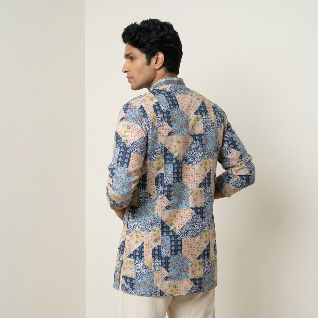 Men's Multicolor Patchwork Print Short Kurta (219)