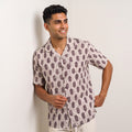 Men's Beige & Brown Abstract Block Print Cuban Collar Half Sleeve Shirt (6414)