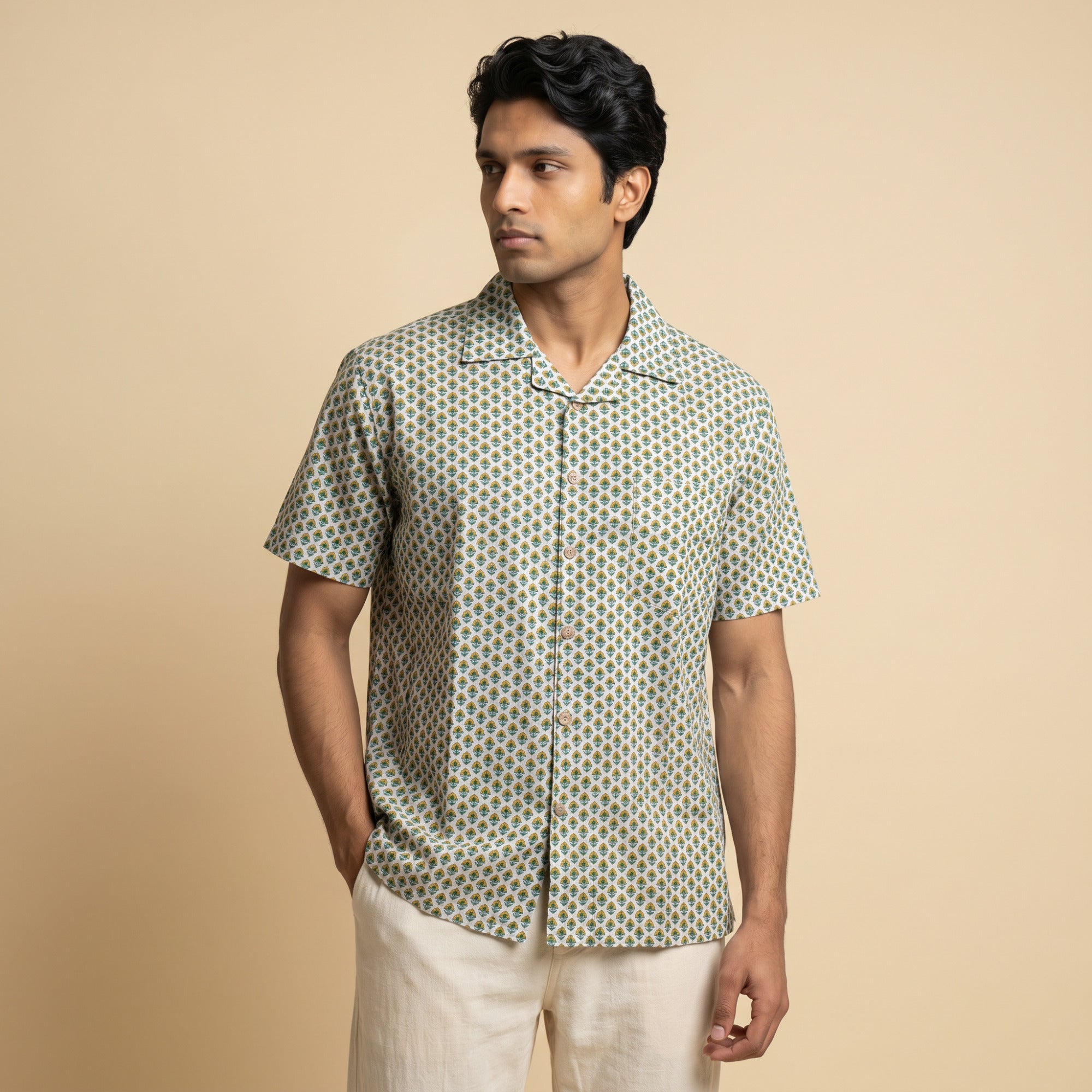 Men's Green & Beige Printed Half Sleeve Relaxed Fit Shirt (1117)
