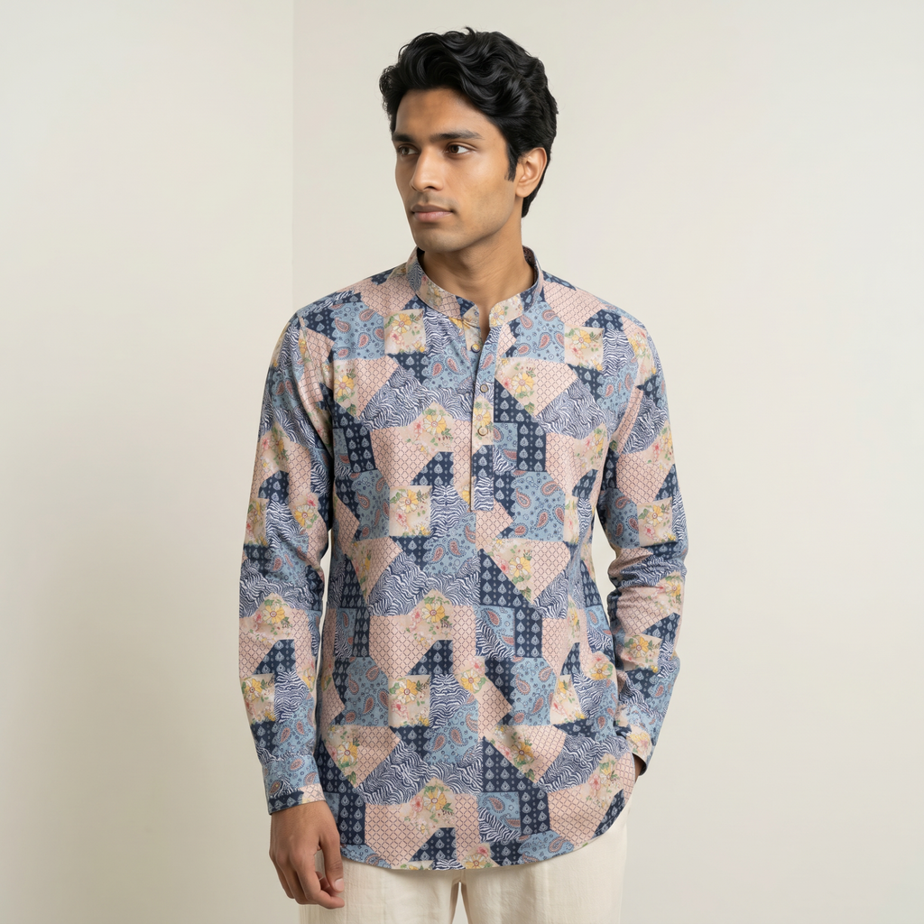 Men's Multicolor Patchwork Print Short Kurta (219)