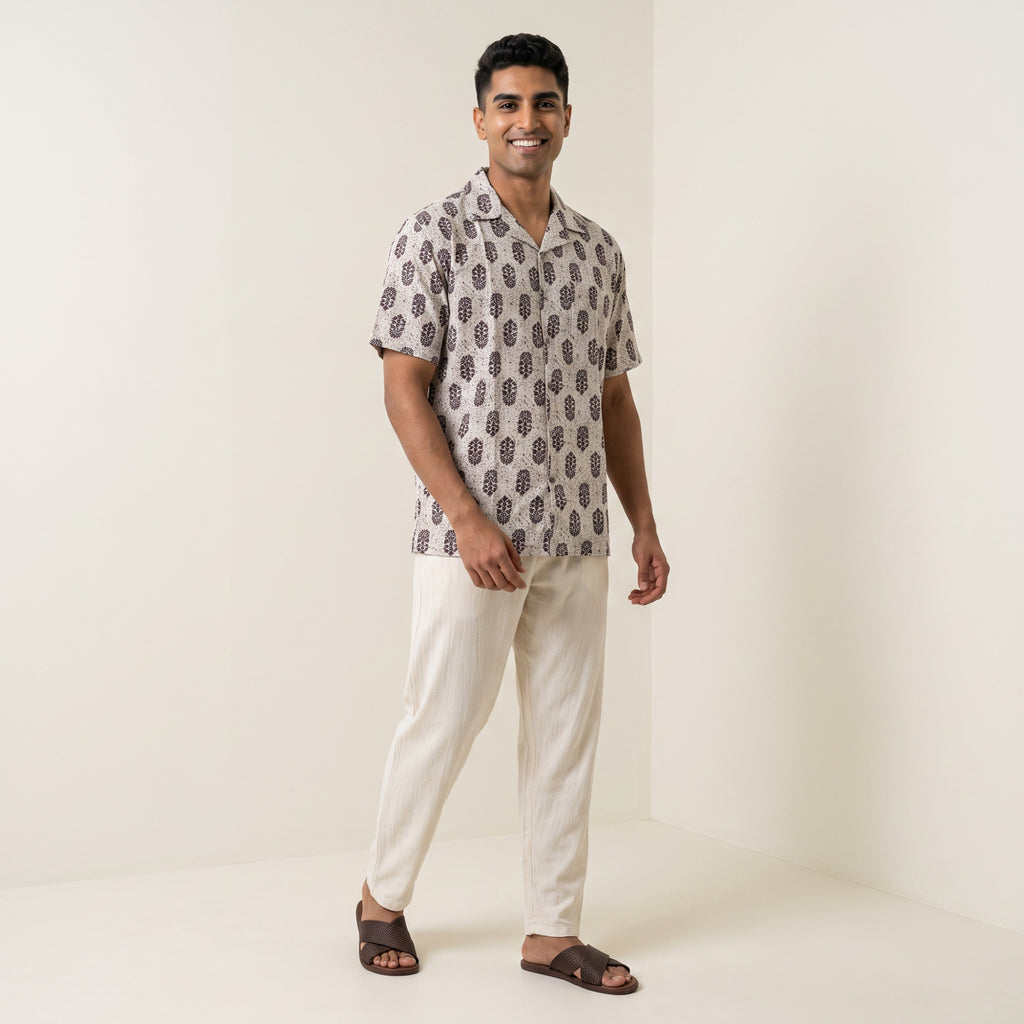 Men's Beige & Brown Abstract Block Print Cuban Collar Half Sleeve Shirt (6414)