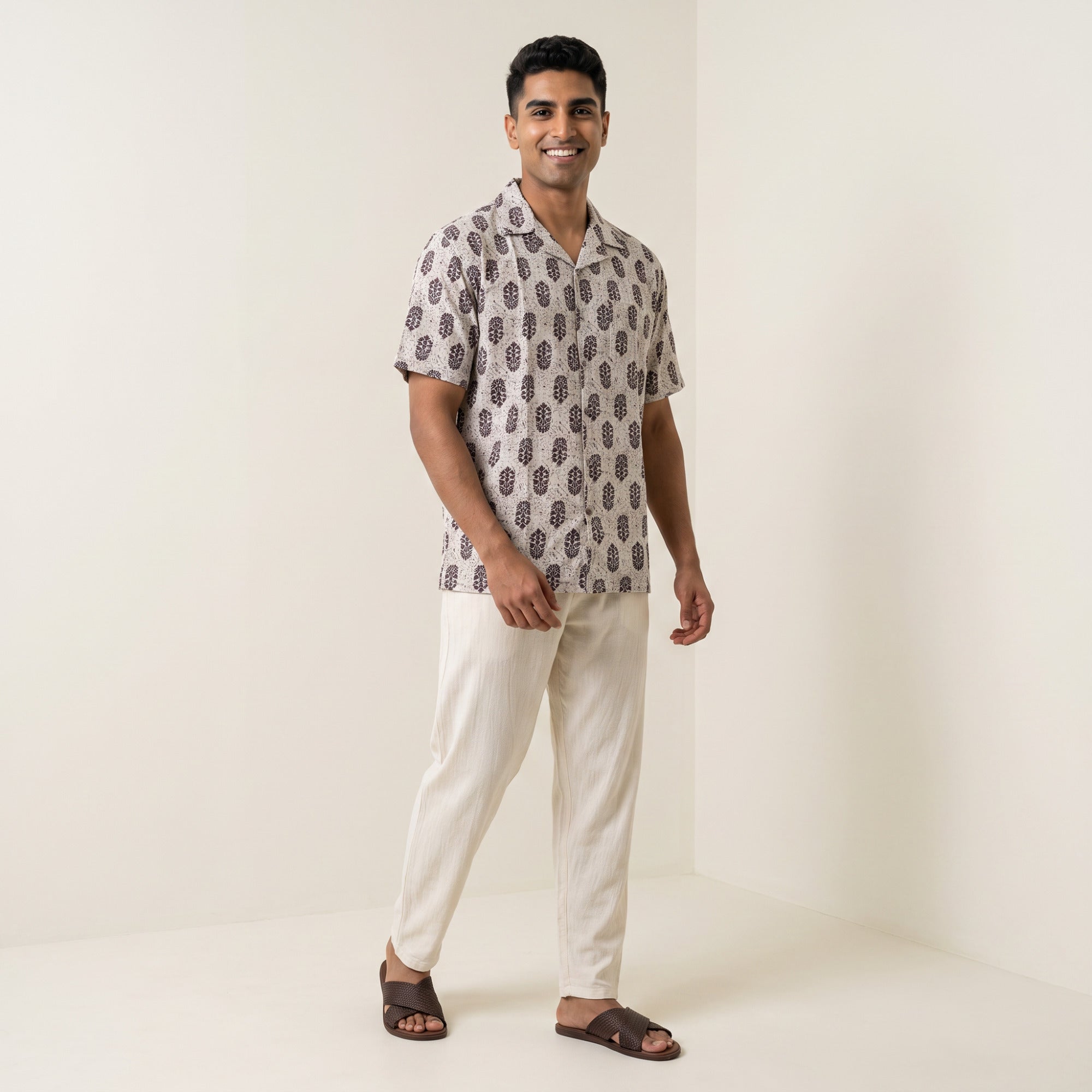 Men's Beige & Brown Abstract Block Print Cuban Collar Half Sleeve Shirt (6414)