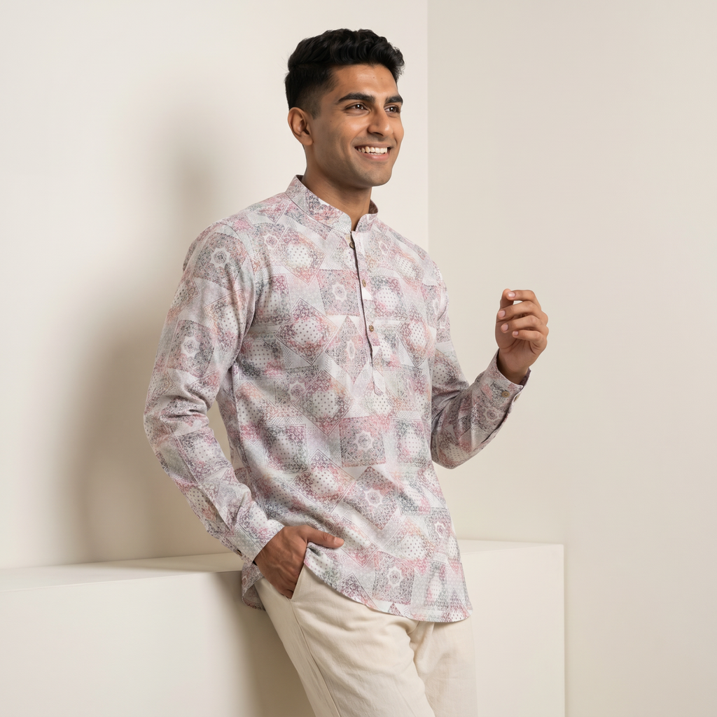 Men's Pastel Mosaic Print Short Kurta (321)