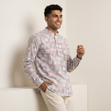 Men's Pastel Mosaic Print Short Kurta (321)