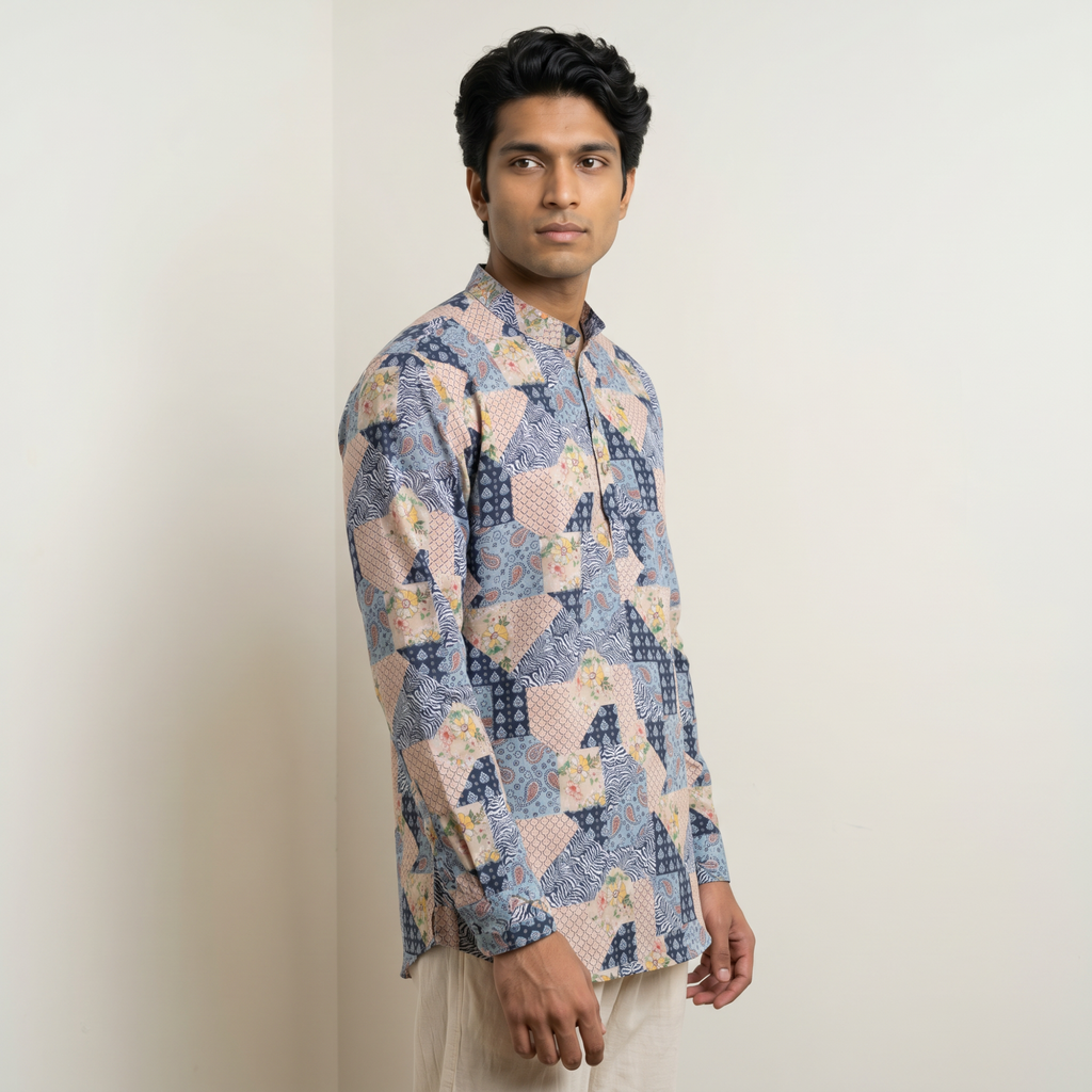 Men's Multicolor Patchwork Print Short Kurta (219)
