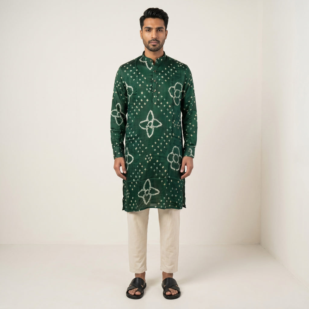 Men’s Elegant Emerald Green Bandhani Kurta – Pure Ghaji Silk(2709)