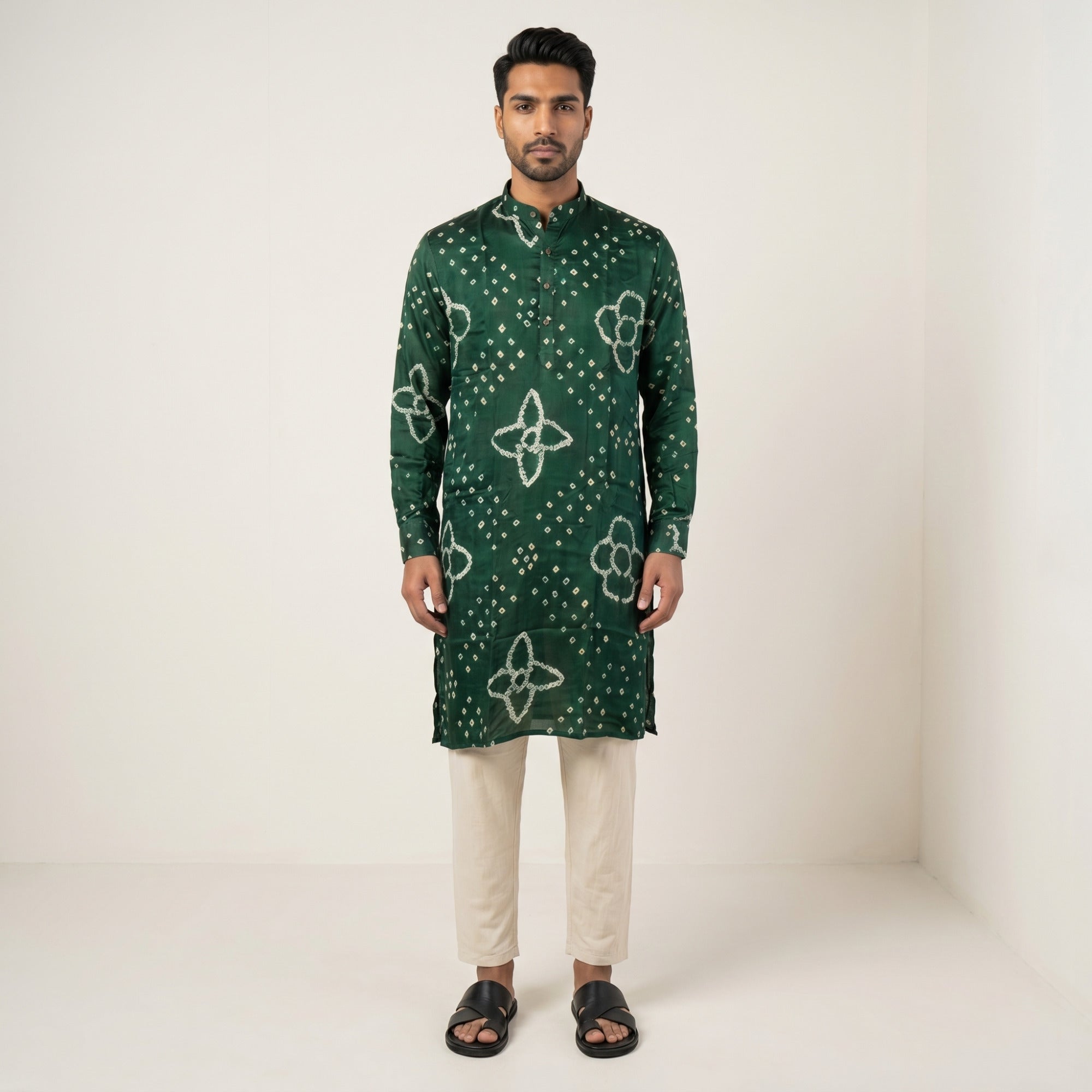 Men’s Elegant Emerald Green Bandhani Kurta – Pure Ghaji Silk(2709)