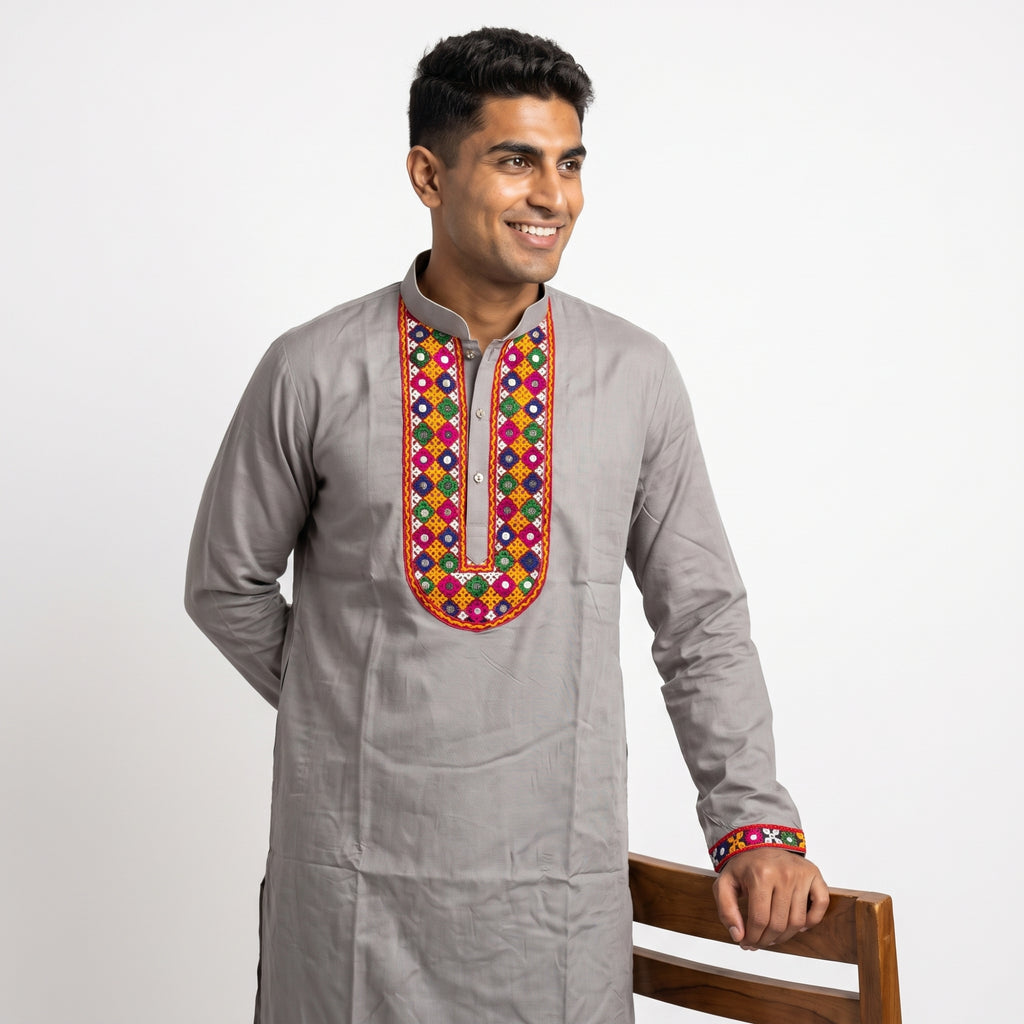 Kutch Designer Kurta with Multicolour Embroidered Detailing for Men(8584)