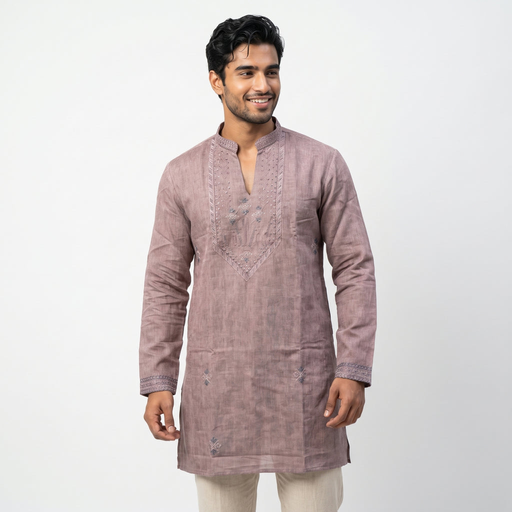 Premium Mauve Grey Embroidered Men's Designer  Short Kurta(7690)