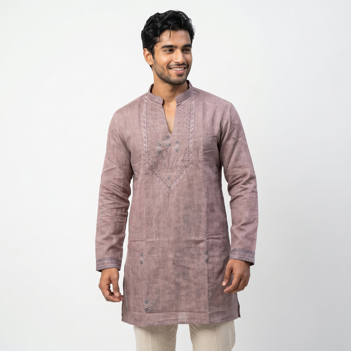 Premium Mauve Grey Embroidered Men's Designer  Short Kurta(7690)