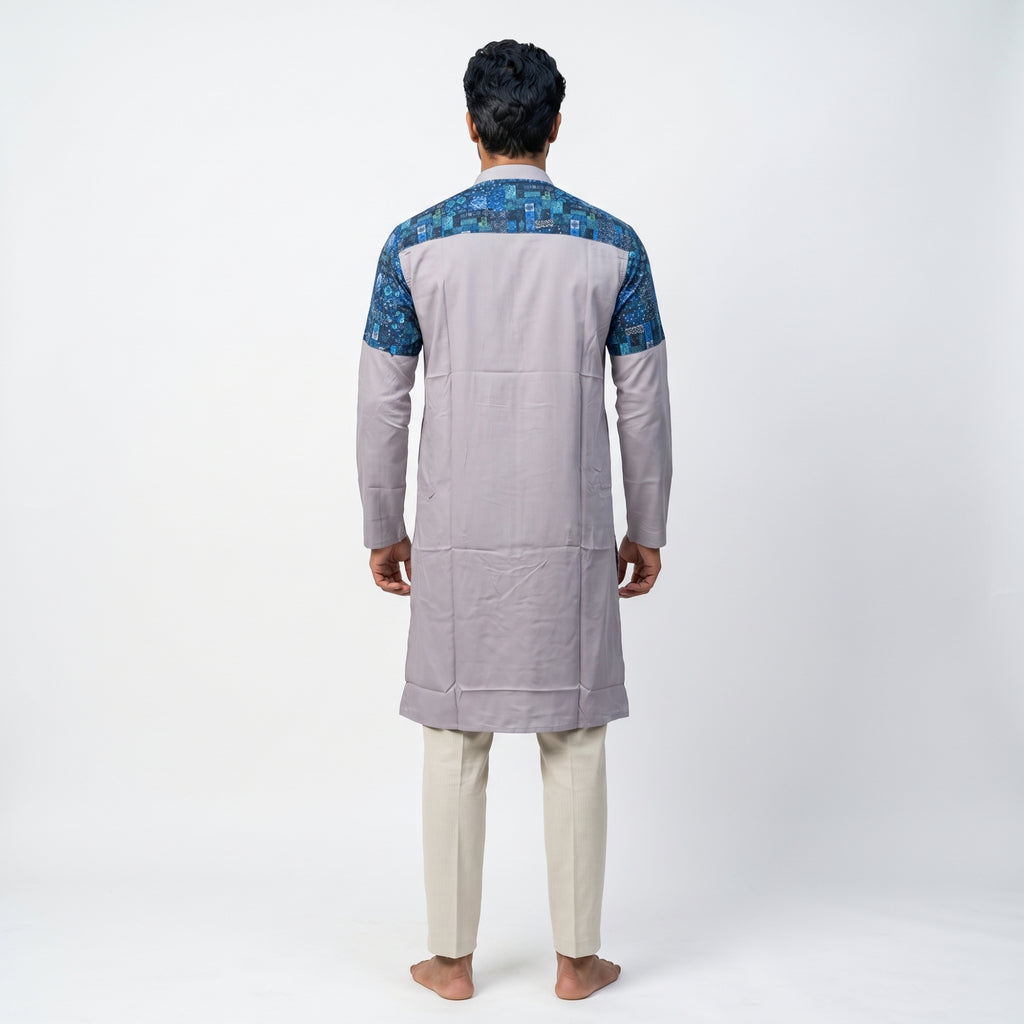 Lavender Grey Kurta with Blue Printed Shoulder Panels for Men(5051)
