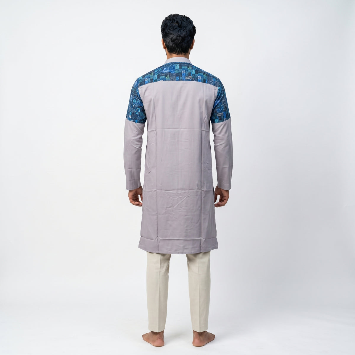 Lavender Grey Kurta with Blue Printed Shoulder Panels for Men(5051)