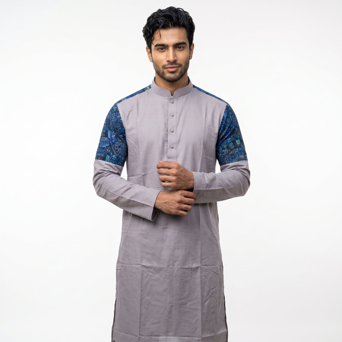 Lavender Grey Kurta with Blue Printed Shoulder Panels for Men(5051)