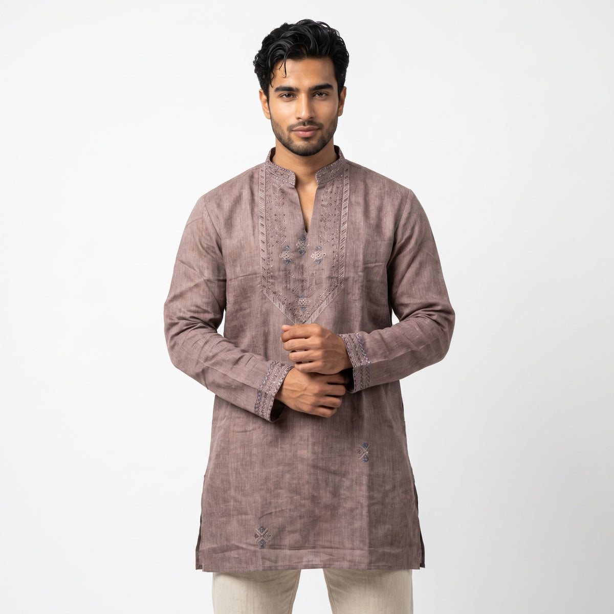 Premium Mauve Grey Embroidered Men's Designer  Short Kurta(7690)