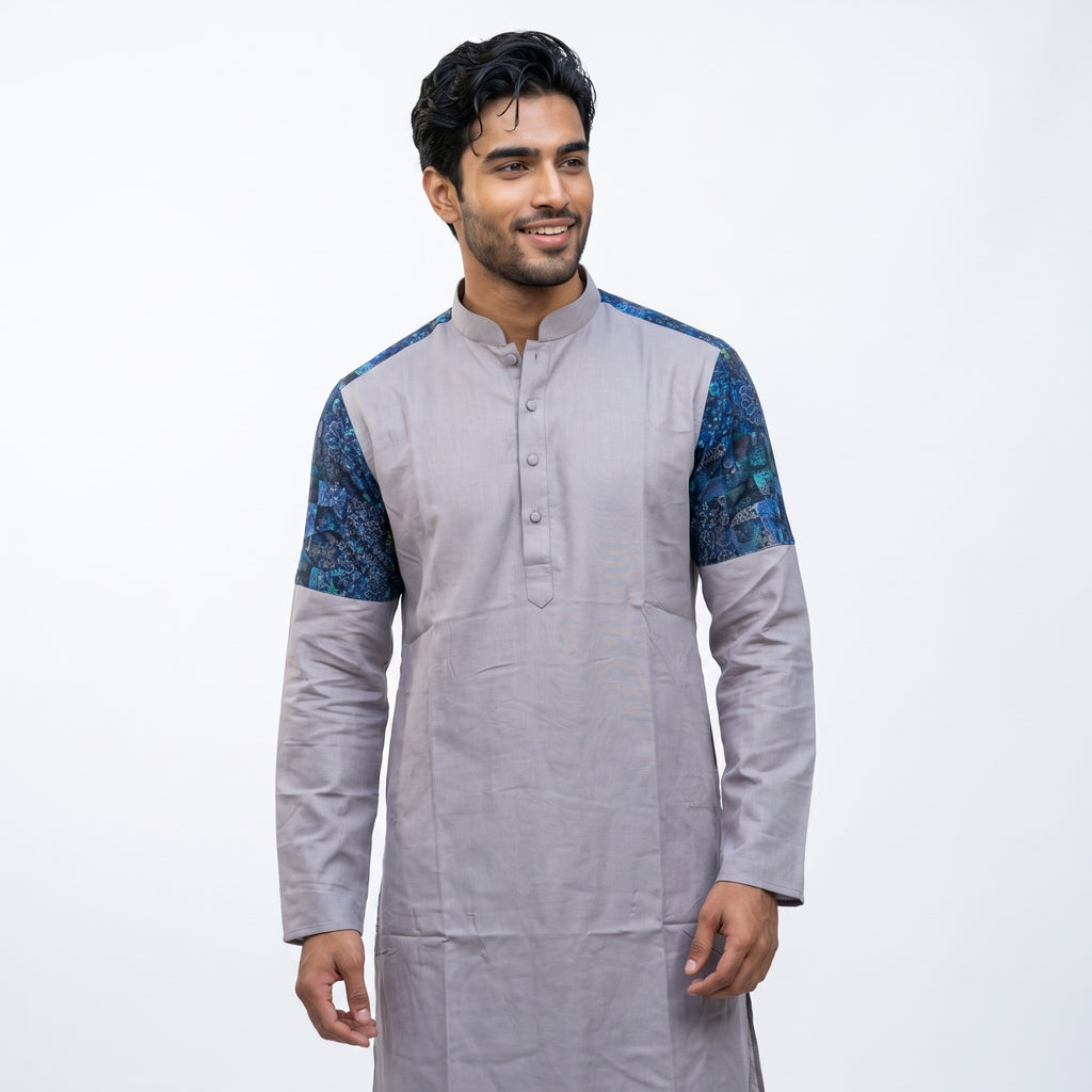 Lavender Grey Kurta with Blue Printed Shoulder Panels for Men(5051)