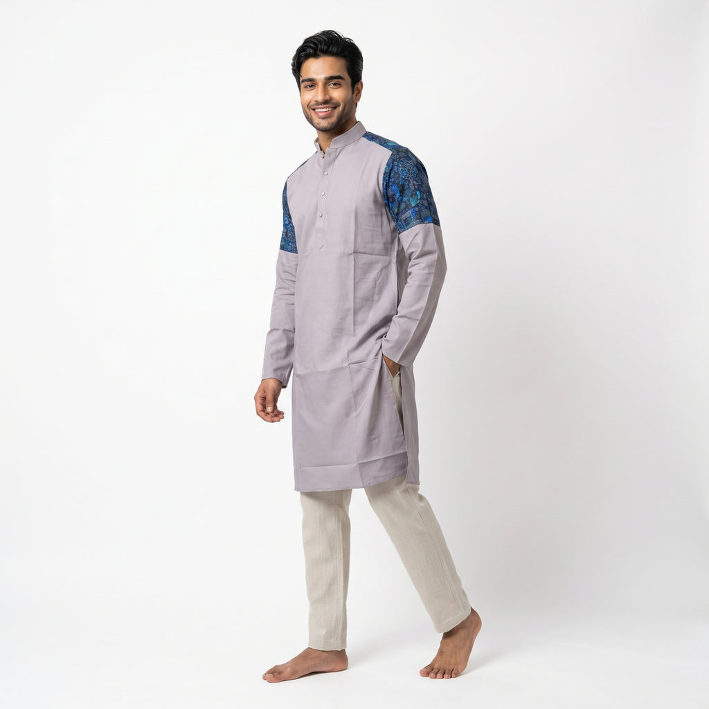 Lavender Grey Kurta with Blue Printed Shoulder Panels for Men(5051)